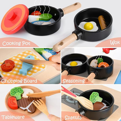 Atoylink Wooden Kids Kitchen Playset 44 Pcs Play Kitchen Accessories with Cookware, Pot, Vegetable, Fish, Play Food Set, Toddler Kitchen Toys Pretend Play Toy Gift for Kids Boys Girls Aged 3+