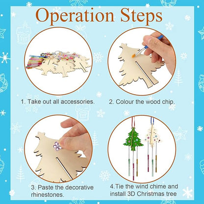 6 Pack Wind Chime Kit for Kids,Christmas Craft Kits DIY 3D Christmas Tree Wind Chime Unfinished Wooden Xmas Tree Ornaments for Boys Girls Activity Art Project Decor