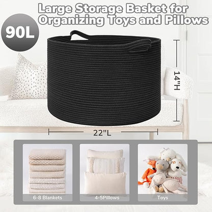 Goodpick Large Blanket Basket, 22"X 14" Woven Rope Baby Basket, Black Blanket Storage for Dirty Clothes, Kids Toy Storage Organizer Bins for Living Room