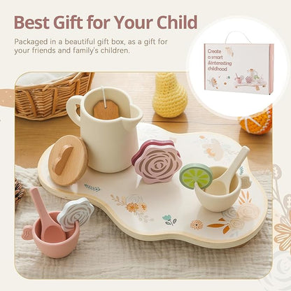 Tea Party Set for Little Girls, Silicone & Wooden Tea Set for Toddler with Silicone Teapot Cups Carrying Tray Scoop, Pretend Play Accessories Kids Kitchen Wooden Toys for 3 4 5 6 Year Old (Pink)