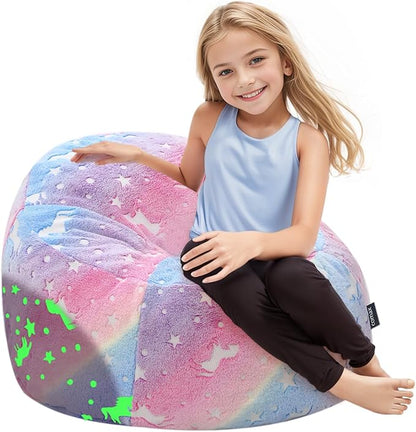 COMAX Bean Bag Chairs for Kids 8-12, Toddler BeanBag Sofa with Filler Unicorn Bean Couch Stuffed for Boys and Girls, Lazy Floor Chair for Playroom, Nursery Room, Colorful Rainbow