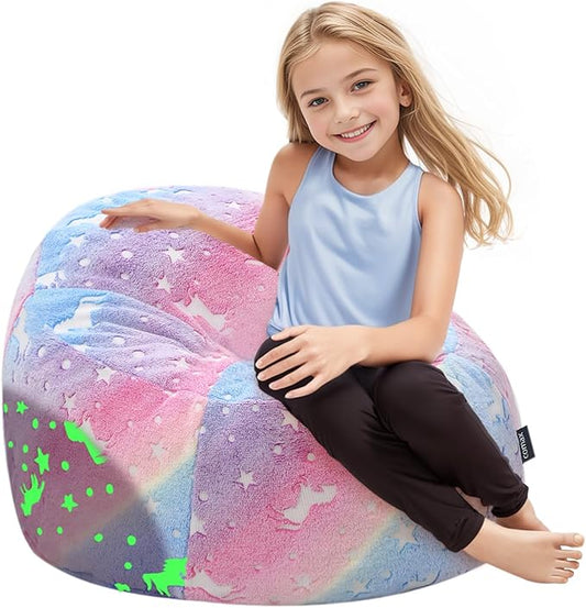 COMAX Bean Bag Chairs for Kids 8-12, Toddler BeanBag Sofa with Filler Unicorn Bean Couch Stuffed for Boys and Girls, Lazy Floor Chair for Playroom, Nursery Room, Colorful Rainbow