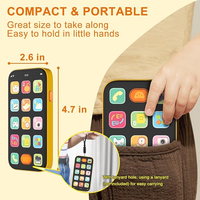 KALUYA Bilingual Baby Phone Toy Phone for Toddler 1-3, Fun Early Learning Musical Baby Toys for 6-12 Months with Sounds and Light, English/Spanish, Gift for 1 Year Old Boys Girls Kids Infant, Orange
