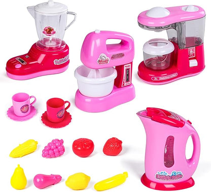 Kitchen Appliances Toy,Kids Kitchen Pretend Accessories Play Set,Coffee Maker Machine,Blender,Mixer and Kettle with Realistic Light and Sounds,Play Kitchen Set for Kids Boys Girls