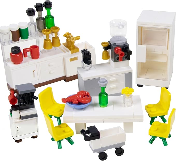 Building Block Furniture, Includes Items Such as a Bed, TV, Bookshelf, Kitchen cabinets, It Serves as Furniture for Decorating Lego City Mansion Houses and is Compatible with Major Brands Bricks