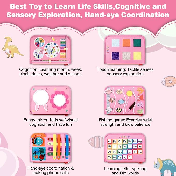JHkim Busy Board for Toddlers, Sensory Board Travel Toys Gifts for 1 2 3 4 Year Old Girls Boys, Montessori Toys to Learn Fine Motor Skills, Educational Activities Busy Book for Airplane Car (Pink)