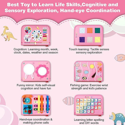 JHkim Busy Board for Toddlers, Sensory Board Travel Toys Gifts for 1 2 3 4 Year Old Girls Boys, Montessori Toys to Learn Fine Motor Skills, Educational Activities Busy Book for Airplane Car (Pink)