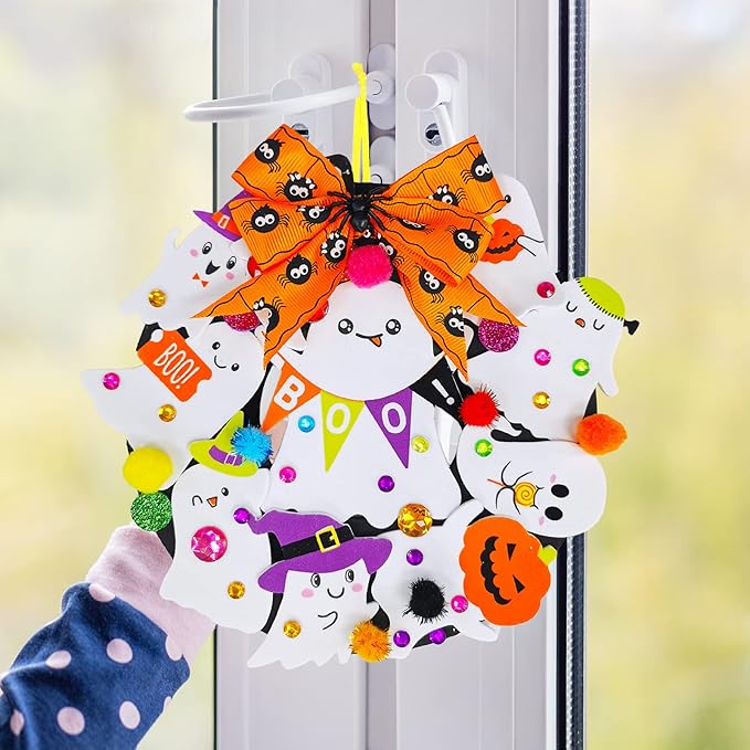 Winlyn 12 Sets Halloween Wreath Signs Decorations DIY Halloween Craft Kits Fall Kids Crafts Art Sets Ghost Spider Web Witch Hat Pumpkin Foam Stickers Arts and Crafts for Kids Home Classroom Activities
