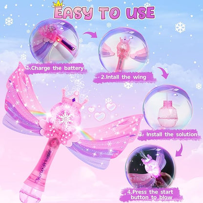EagleStone Princess Bubble Wands for Kids, Bubble Machine for Toddlers, LED Light & Music Bubble Toys with 1 Li-ion Battery, Outdoor Easter Birthday Toys for Toddlers, 3 4 5 6 7 8 Year Old Girl Gifts