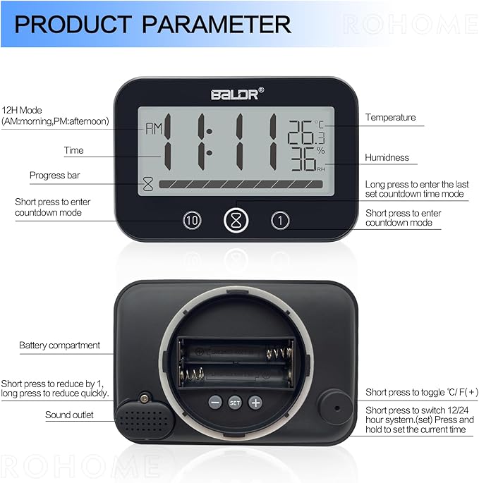 Waterproof Hanging Timer for Bathroom, Digital Kids Shower Clock with Temperature & Humidity, 99 Minutes Countdown Timer with Alarm, Water Resistant Large LCD Visual Timer, 2 Hooks Included (Black)