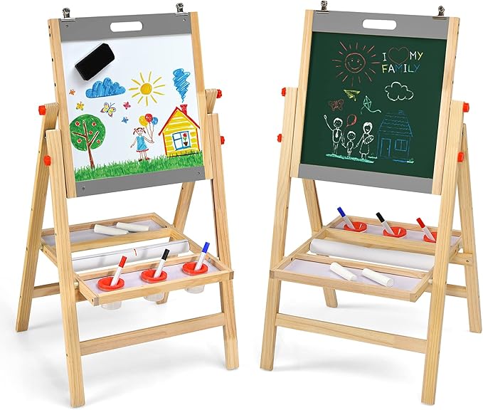 Costzon Art Easel for Kids, 3-in-1 Wooden Folding Toddler Easel Magnetic w/Paper Roll & Storage Tray, Height Adjustable Double Sided Whiteboard Chalkboard Kids Art Easel Boys Girls Painting (Nature)