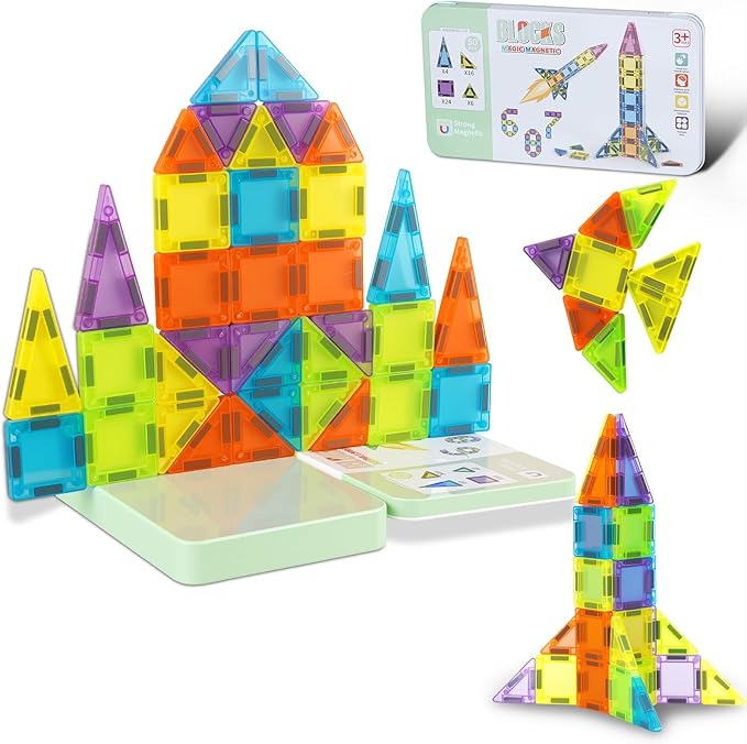 Mini Magnetic Tiles- 50PCS Travel Magnet Tiles with Iron Box, Portable Magnetic Block for Kids Ages 3+, STEM Sensory Creativity Travel Toys, Gifts for Children's Day Kids with Autism Boys & Girls
