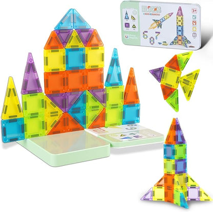 Mini Magnetic Tiles- 50PCS Travel Magnet Tiles with Iron Box, Portable Magnetic Block for Kids Ages 3+, STEM Sensory Creativity Travel Toys, Gifts for Children's Day Kids with Autism Boys & Girls