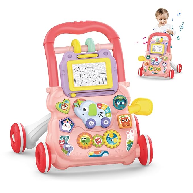 Sit to Stand Baby Walker 0-6 Months, Baby Learning Walker with Music and Drawing Board, Early Educational Activity Centres Push Pull Toy for Boys Girls 6-12M+