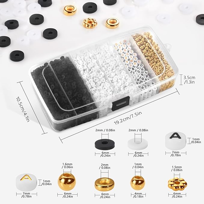 White Black Clay Beads Bracelet Making kit, Funtopia Heishi Beads Polymer Clay Beads for Jewelry Making, Friendship Bracelet Kit with Gold Beads Alphabet Letter Beads for Girls Adults (6mm)
