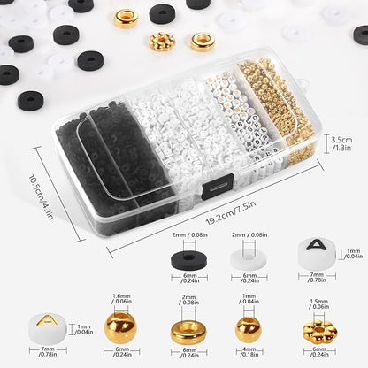 White Black Clay Beads Bracelet Making kit, Funtopia Heishi Beads Polymer Clay Beads for Jewelry Making, Friendship Bracelet Kit with Gold Beads Alphabet Letter Beads for Girls Adults (6mm)