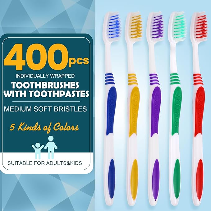 Navona 400 PCS Premium Individually Wrapped Bulk Toothbrush Pack, Disposable Toothbrush, Soft Toothbrush for Adult or Kid, Soft Bristle Toothbrush, Ergonomics Handle, Perfect for Travel,Hotel,Donation