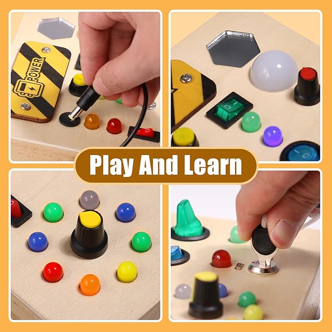 Busy Board with Led Light, Wooden Educational Montessori Sensory Travel Toys for Toddlers 1-3, Fine Motor Skills Birthday Gifts for Boys Girls Toddlers 1 2 3