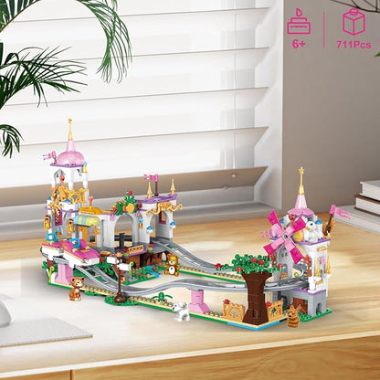 711 Piece Friends Roller Coaster Building Set,Girls Creative Amusement Park Building Kit,STEM Princess Castle | Pink Playground Park Model Building Toy,Christmas Birthday Gift for Girls Age 6+