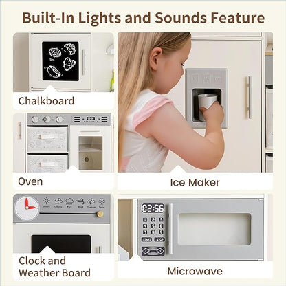 Play Kitchen Pretend Wooden Kids Kitchen Playset Toy Kitchen with Real Sound & Light and Toy Storage System and 12 Pcs Toddler Kitchen Accessories, for Boys and Girls Ages 3+,White Grey