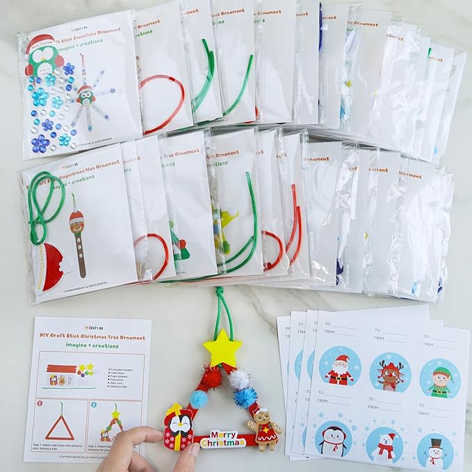 Winlyn 24 Sets Christmas Craft Kits Popsicle Stick Christmas Ornaments Winter Crafts DIY Craft Stick Santa Snowman Elf Reindeer Ornaments Art Sets for Kids Holiday Classroom Activities Party Favors