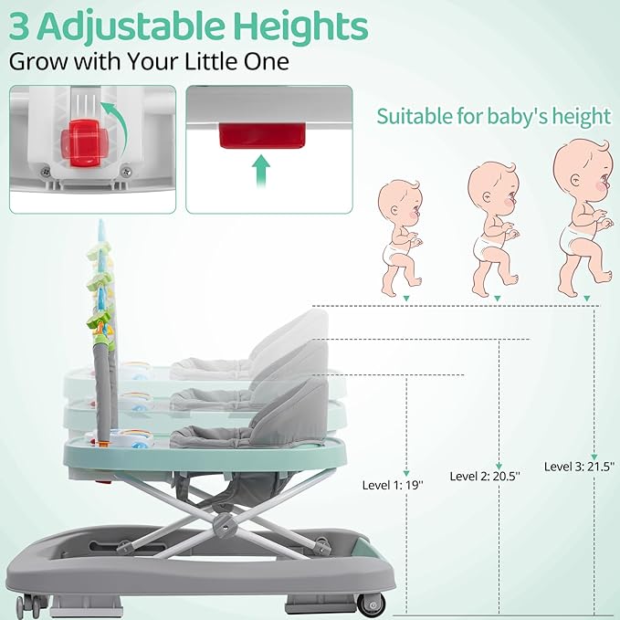Baby Walker, Music & Removable Footrest with Toys, 3-Height Adjustable, Foldable 4-in-1 Activity Center for Infant and Toddler, Baby Walker for Baby Boy Girls 7–18 Months