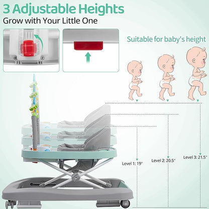 Baby Walker, Music & Removable Footrest with Toys, 3-Height Adjustable, Foldable 4-in-1 Activity Center for Infant and Toddler, Baby Walker for Baby Boy Girls 7–18 Months