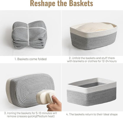 5 Pack Decorative Small Storage Baskets for Shelves, Cotton Rope Woven Basket for Organizing Bathroom, Nursery, Closet, Cabinet, Toys & Socks, Gift Baskets Empty, 11.8"x7.9"x4.7", Gray/White
