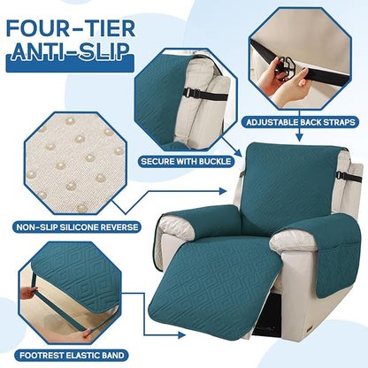 XINEAGE 100% Waterproof Recliner Cover, Non Slip Recliner Chair Cover with Elastic Band, Washable Recliner Slipcover with Storage Pockets for Kids, Pets (Blackish Green, 30")