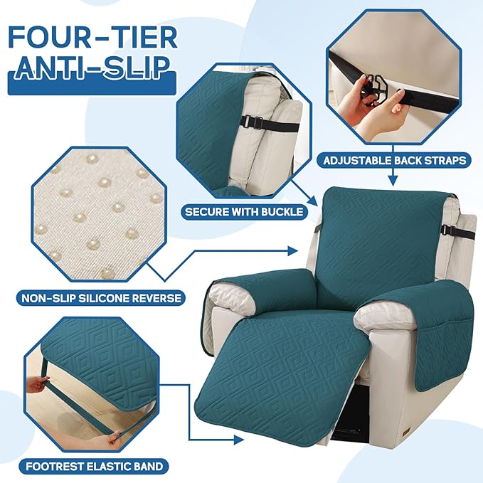 XINEAGE 100% Waterproof Recliner Cover, Non Slip Recliner Chair Cover with Elastic Band, Washable Recliner Slipcover with Storage Pockets for Kids, Pets (Blackish Green, 23")