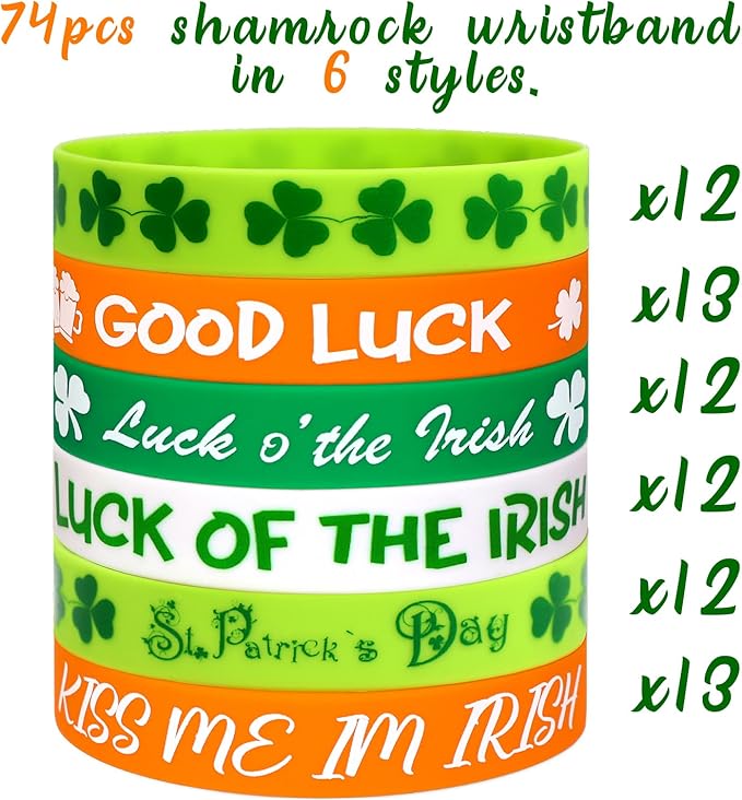 Moon Boat 74PCS St. Patrick's Day Shamrock Rubber Wristbands Bracelets - Party Favors Supplies Gifts Decorations, 6 Styles