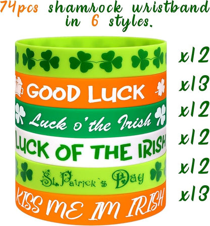 Moon Boat 74PCS St. Patrick's Day Shamrock Rubber Wristbands Bracelets - Party Favors Supplies Gifts Decorations, 6 Styles