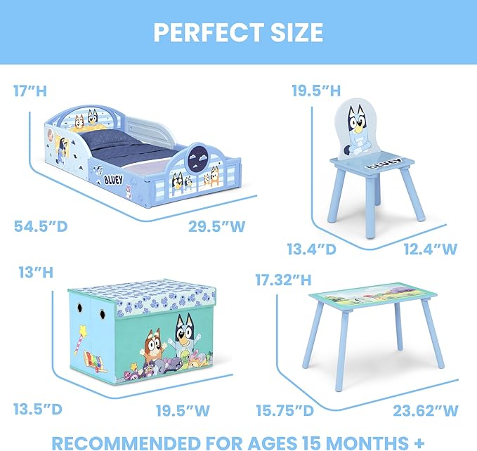 Delta Children - Bluey 4-Piece Toddler Room-in-a-Box Set – Includes Sleep and Play Toddler Bed, Table, 1 Chair and Fabric Toy Box, Blue