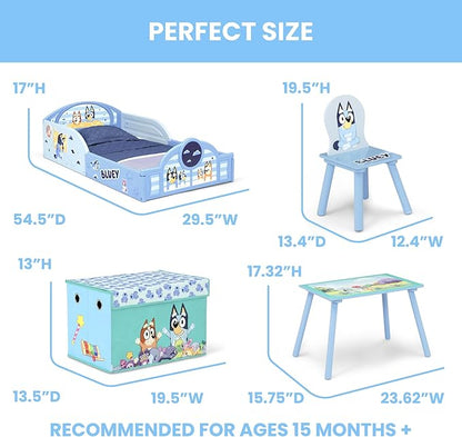 Delta Children - Bluey 4-Piece Toddler Room-in-a-Box Set – Includes Sleep and Play Toddler Bed, Table, 1 Chair and Fabric Toy Box, Blue