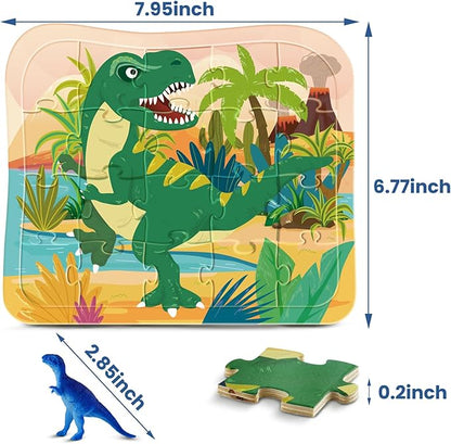 Wooden Dinosaur Puzzles for Kids Ages 4-6, 4 in 1 Gift Box 4-Pack 20-Piece Jigsaw Puzzles Come with 4 Small Dino Figures,Preschool Educational Toys Gifts for Kids Boys Girls Ages 3+