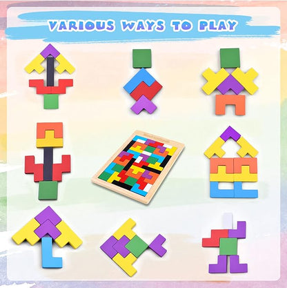 FFTROC Wooden Puzzles for Kids Ages 4-8 8-10 Thick Colorful 3D Russian Blocks and Brain Teaser Tangram Jigsaw STEM Intelligence Toys Educational Gift for Toddlers 3 4 5 6 7 Years Old Boys Girls