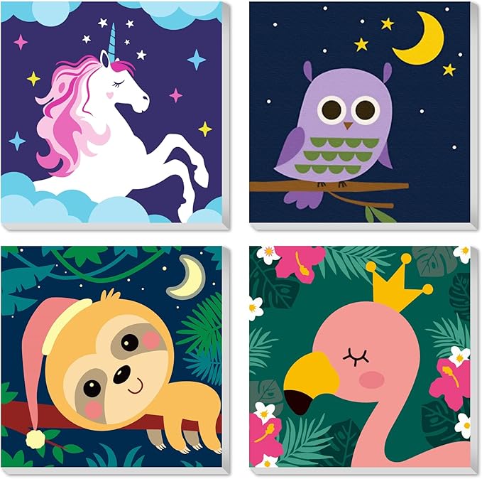 CarlonLin 4 Pack Paint by Number for Kids Framed Canvas, Paint by Numbers for Kids Ages 4-8-12, DIY Paint by Numbers Kits Beginner, DIY Acrylic Oil Painting for Home Wall Decor (8x8inch)