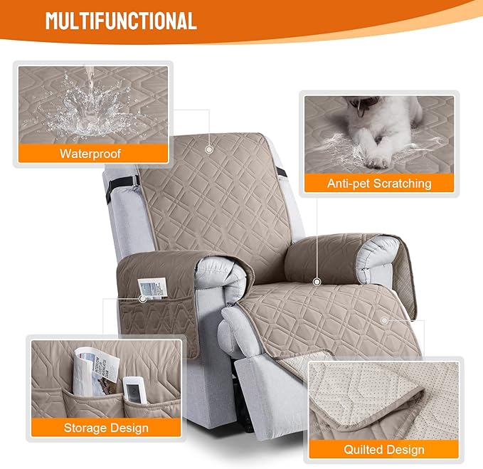 VANSOFY 100% Waterproof Recliner Chair Covers, Recliner Cover Non-Slip Dog Chair Cover Furniture Protector Washable Slipcover with Pocket, Elastic Straps for Pets, Dogs(Khaki, 23.6")