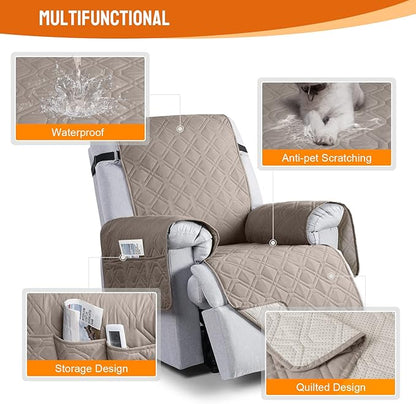 VANSOFY 100% Waterproof Recliner Chair Covers, Recliner Cover Non-Slip Dog Chair Cover Furniture Protector Washable Slipcover with Pocket, Elastic Straps for Pets, Dogs(Khaki, 23.6")