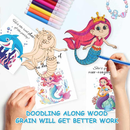SOSAZOZA 12 Pack Mermaid Party Favors, Wooden Ornaments for Crafts, Chrismas Gifts Set, Mermaid Party Supplies, Mermaid Birthday Party Favors, Includes Mermaid Bracelet, Colored Pen, Card, Rope