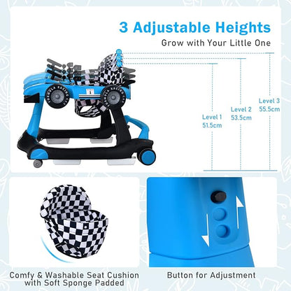 HOMGX Baby Walker with Wheels, Convertible Baby Push Walker & Race Car Mode, Infant Activity Center with Music Box, 3 Heights & 2 Speeds, Foldable Walkers for 6-18 Months (Blue)