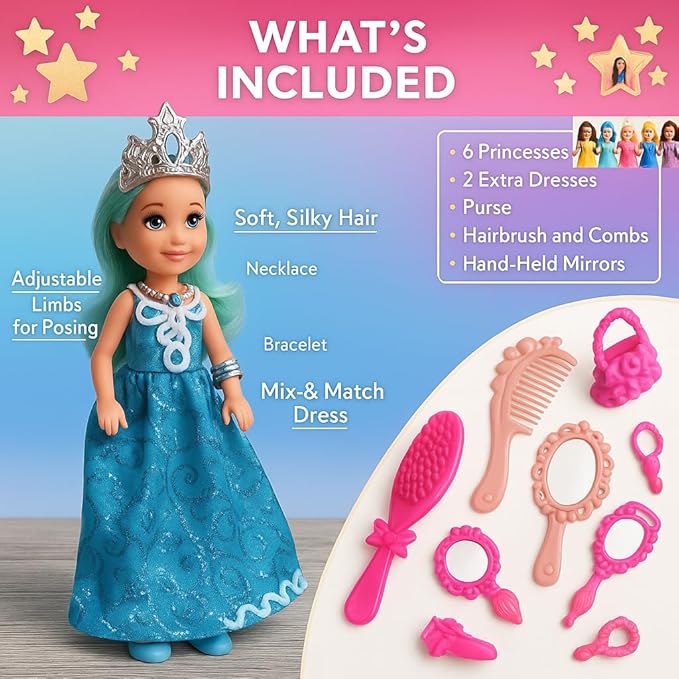 TOMLEON Princess Dolls Playset – 6 Mini Princess Dolls with Colorful Gowns, Crowns & Jewelry – Fantasy Role Play Set for Kids with Elegant Dresses, Accessories & Royal-Themed Box – Gift for Ages 3+