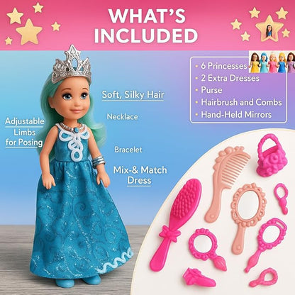 TOMLEON Princess Dolls Playset – 6 Mini Princess Dolls with Colorful Gowns, Crowns & Jewelry – Fantasy Role Play Set for Kids with Elegant Dresses, Accessories & Royal-Themed Box – Gift for Ages 3+