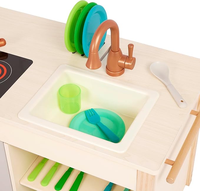 Battat – Play Kitchen & Market – Toddler-Friendly Size – Chalkboard Menu & Oven Dials – 25 Toy Cooking Accessories – 2 Years + – Two n' One Cookin' Fun