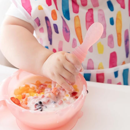 Bumkins Baby Bowl, Silicone Feeding Set with Suction for Baby and Toddler, Includes Spoon and Lid, First Feeding Set, Training Essentials for Baby Led Weaning for Babies 4 Months Up, Pink Jelly