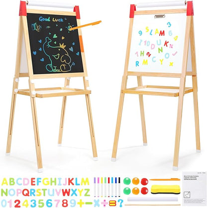 GAOMON Art Easel for Kids, Wooden Dry Erase Easel w/Large LCD Board & Magnetic Whiteboard, Paper Roll, Adjustable Height & Accessories, Double-Sided Drawing Standing Easel for Boy Girl Aged 3+
