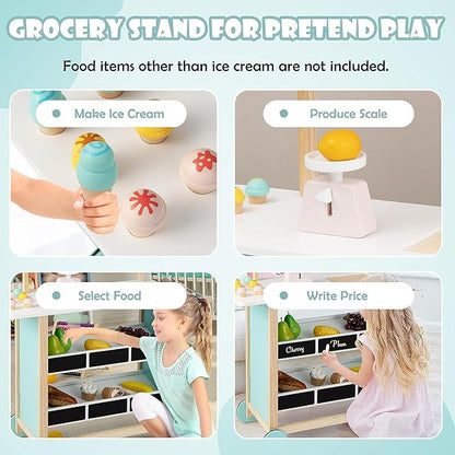 Fireflowery Kids Grocery Store Pretend Play, Wooden Ice Cream Cart w/ 6 Pieces Play Food, Bell, Scale, Toy Grocery Store Playset, Play Store for Kids, Toddlers, Boys, Girls Age 3+