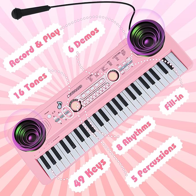 49 Key Pink Piano Keyboard Toy for 3 Year Old Girl Birthday Gift Kids Keyboards Pianos with Microphone Musical Toys for 3 4 5 6 7 Year Old Boys Girls Gifts