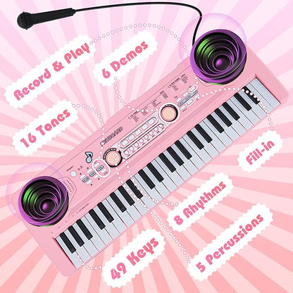 49 Key Pink Piano Keyboard Toy for 3 Year Old Girl Birthday Gift Kids Keyboards Pianos with Microphone Musical Toys for 3 4 5 6 7 Year Old Boys Girls Gifts