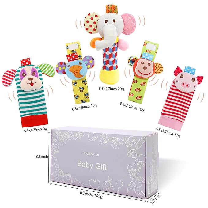 BLOOBLOOMAX Wrist Rattles Foot Finder Rattle Sock Baby Toy,Rattle Toy,Arm Hand Bracelet Rattle,Feet Leg Ankle Socks,Activity Rattle Present Gift for Newborn Infant Babies Boy Girl Bebe (5pcs-E)